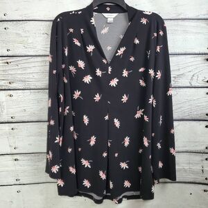 CJ Banks 1X Plus Black Floral LS Blouse